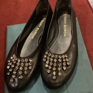 Tory Burch Black Leather Crystal Embellished Ballet Flats